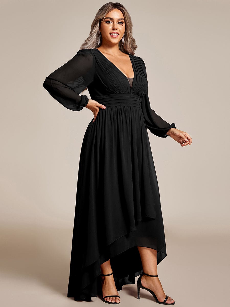 Enchanting Chiffon Lantern Sleeve Pleated High Waist Dress in Black #color_Black