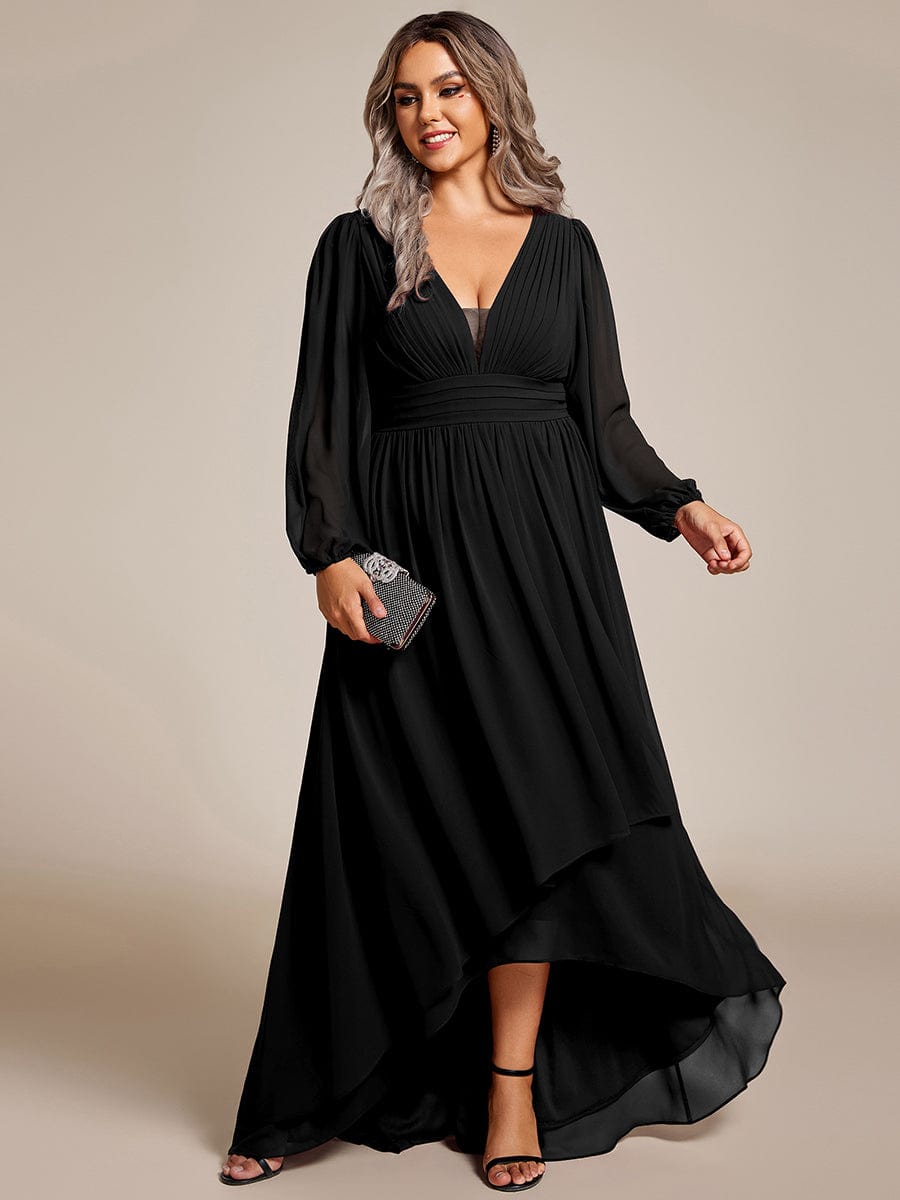 Enchanting Chiffon Lantern Sleeve Pleated High Waist Dress in Black #color_Black