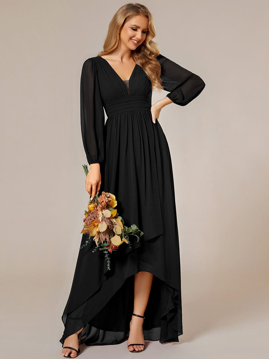 Enchanting Chiffon Lantern Sleeve Pleated High Waist Bridesmaid Dress #color_Black