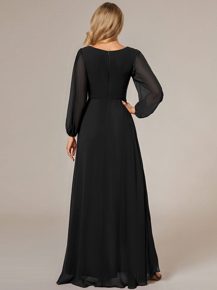 Enchanting Chiffon Lantern Sleeve Pleated High Waist Bridesmaid Dress #color_Black