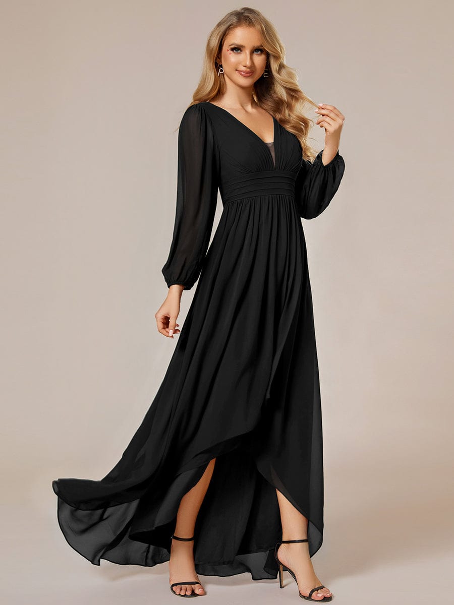 Enchanting Chiffon Lantern Sleeve Pleated High Waist Dress in Black #color_Black