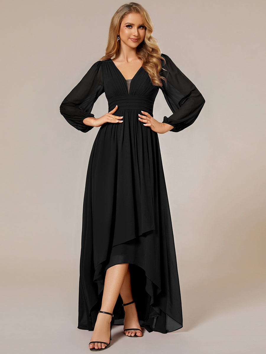 Enchanting Chiffon Lantern Sleeve Pleated High Waist Dress in Black #color_Black