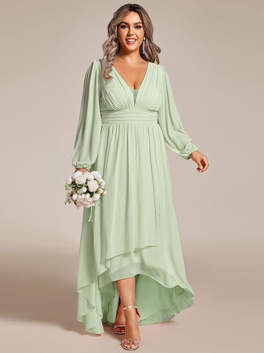 Plus Size Enchanting Chiffon Lantern Sleeve Pleated High Waist Bridesmaid Dress #color_Mint Green