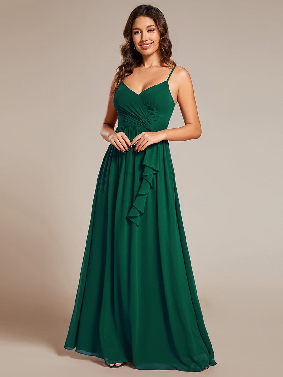 Maxi V-Neck Lotus Leaf Chiffon Bridesmaid Dress with Pleating #color_Dark Green