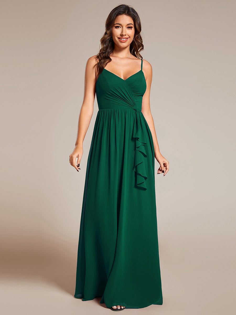 Maxi V-Neck Lotus Leaf Chiffon Bridesmaid Dress with Pleating #color_Dark Green