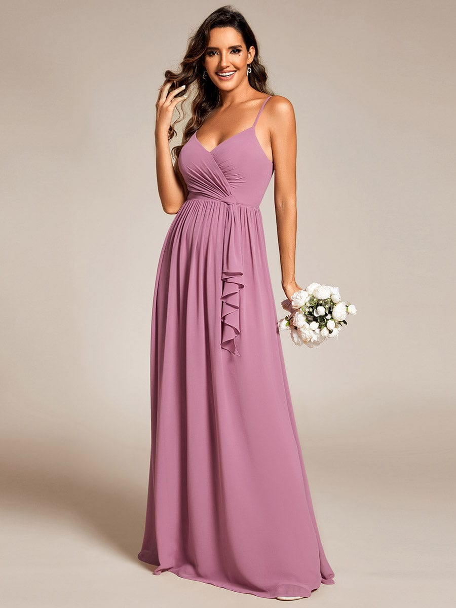 Maxi V-Neck Lotus Leaf Chiffon Bridesmaid Dress with Pleating #color_Purple Orchid