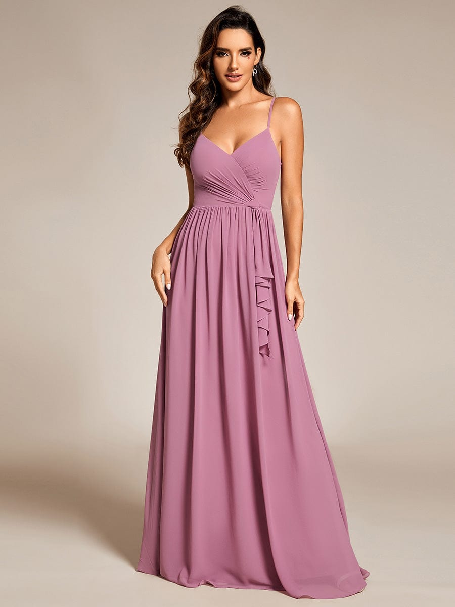 Maxi V-Neck Lotus Leaf Chiffon Bridesmaid Dress with Pleating #color_Purple Orchid