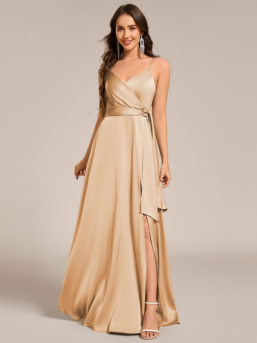 Wrap-Style Maxi Spaghetti Strap Satin Bridesmaid Dress #color_Champagne