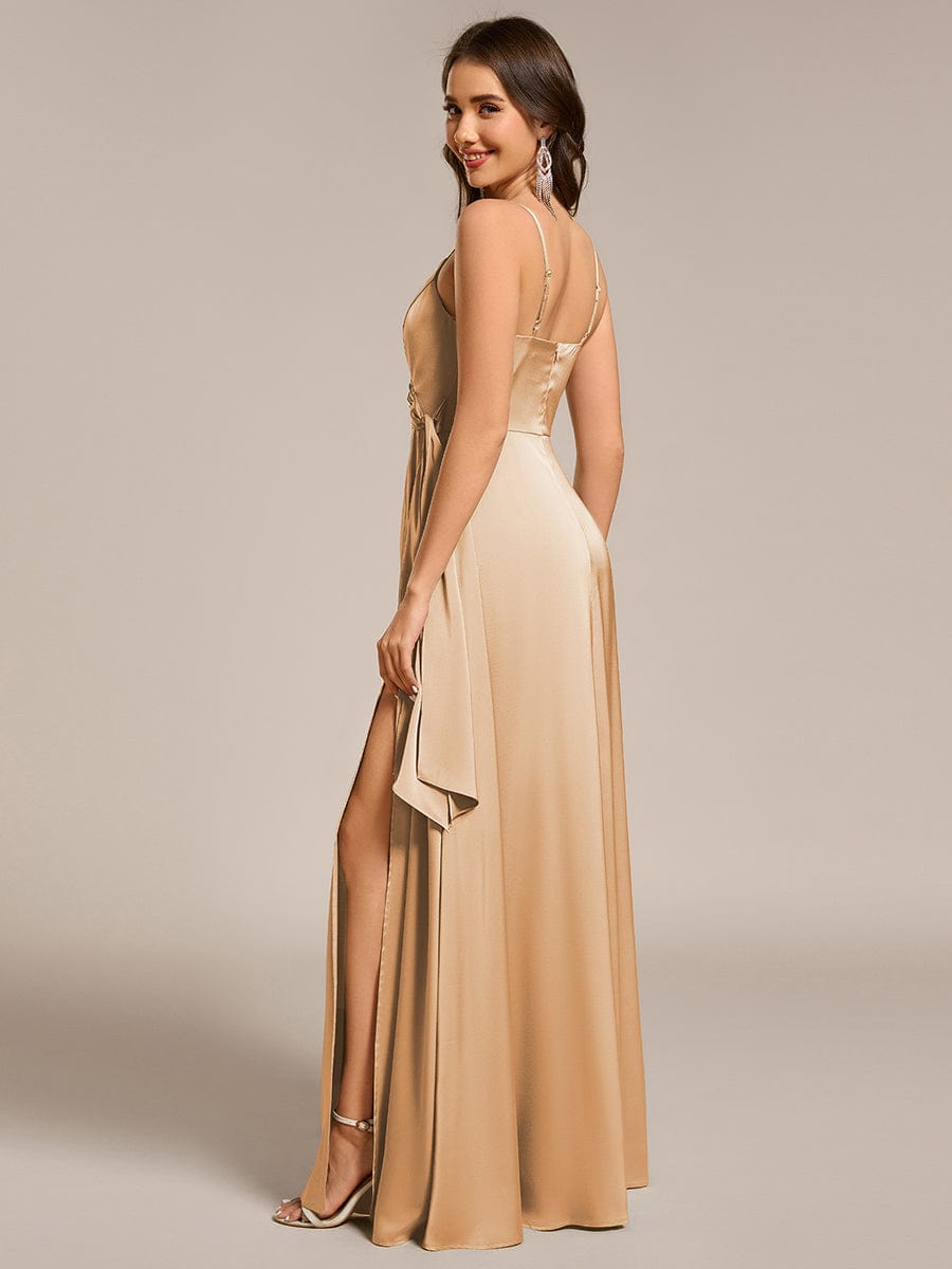 Wrap-Style Maxi Spaghetti Strap Satin Bridesmaid Dress #color_Champagne