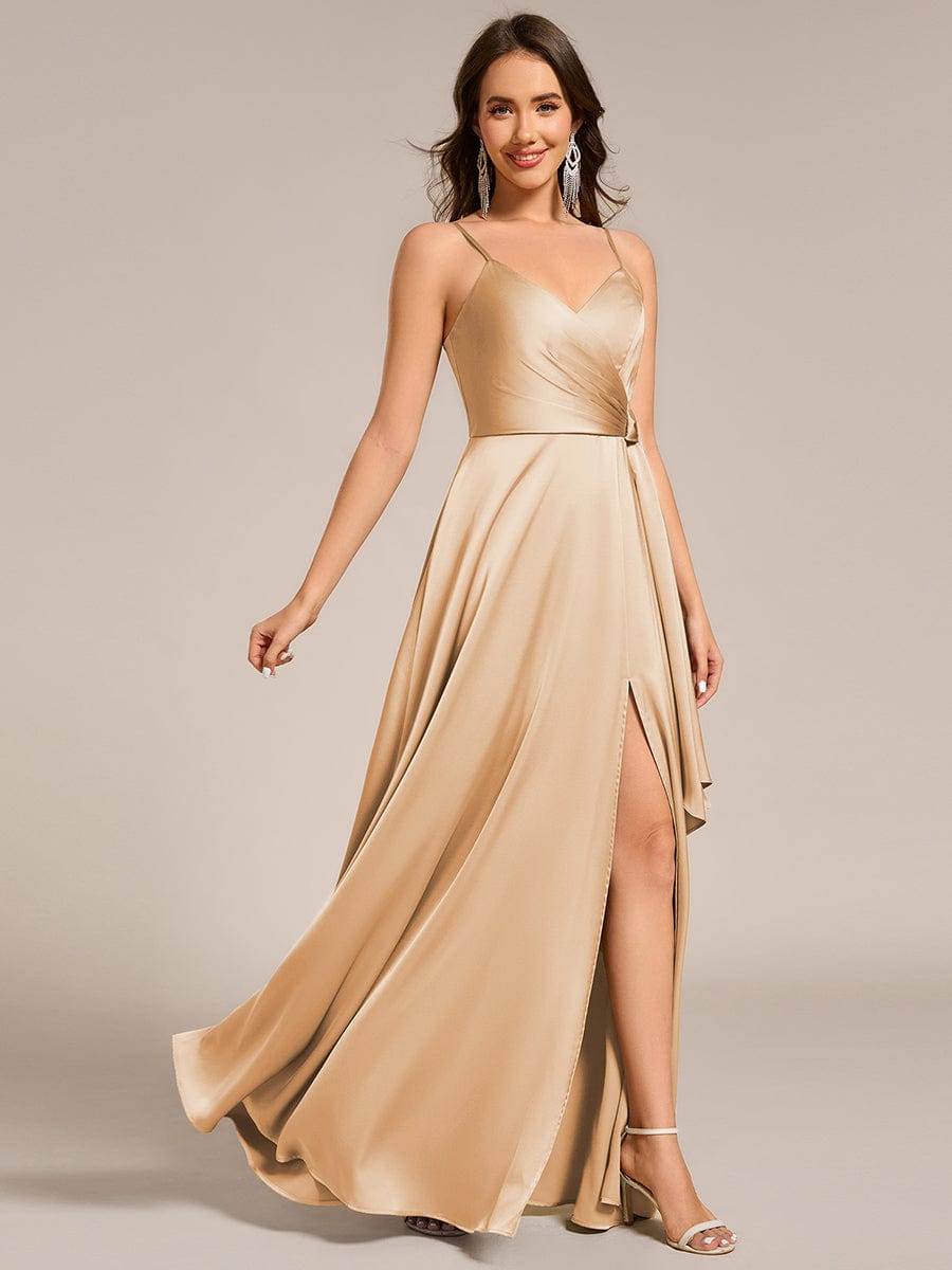 Wrap-Style Maxi Spaghetti Strap Satin Bridesmaid Dress #color_Champagne