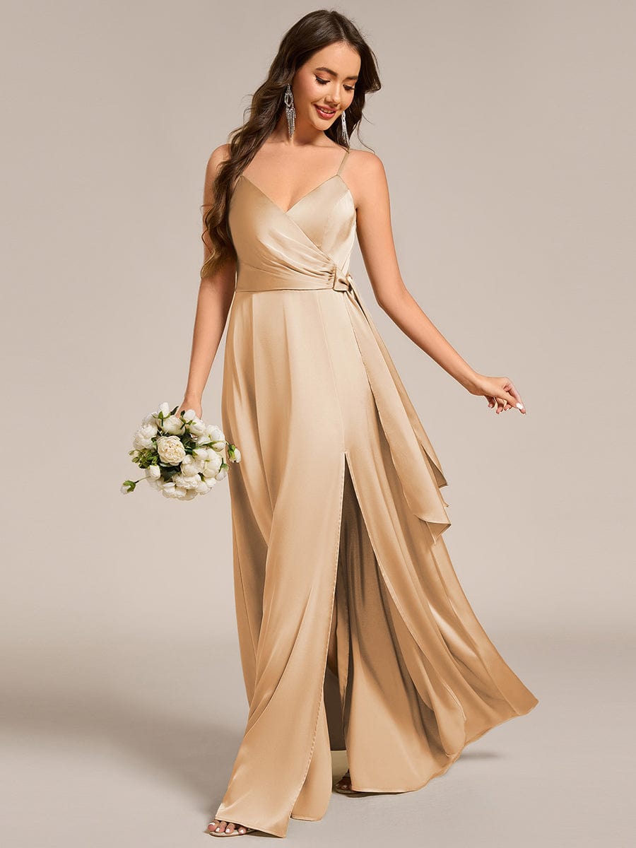 Wrap-Style Maxi Spaghetti Strap Satin Bridesmaid Dress #color_Champagne