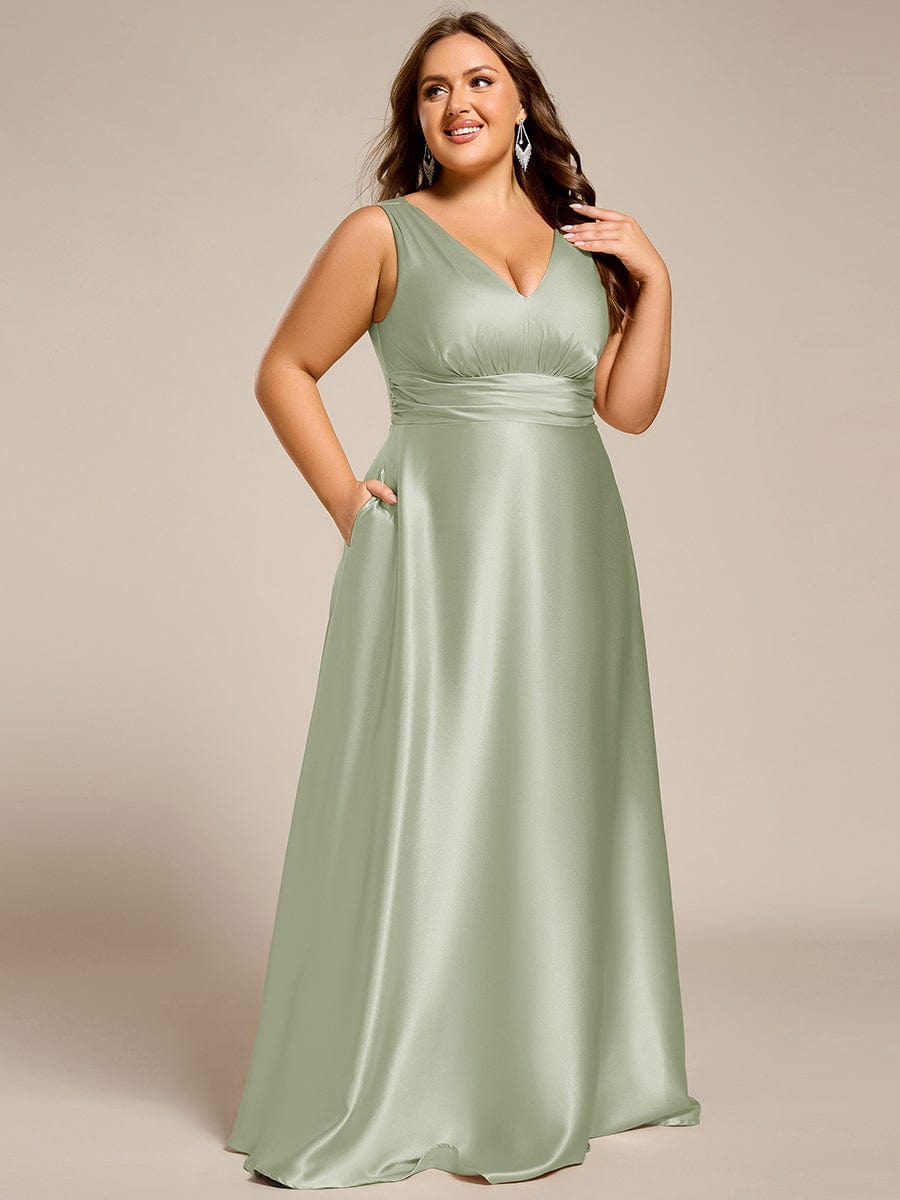 Sleeveless Empire Waist Satin Maxi Bridesmaid Dress With Pockets #color_Mint Green