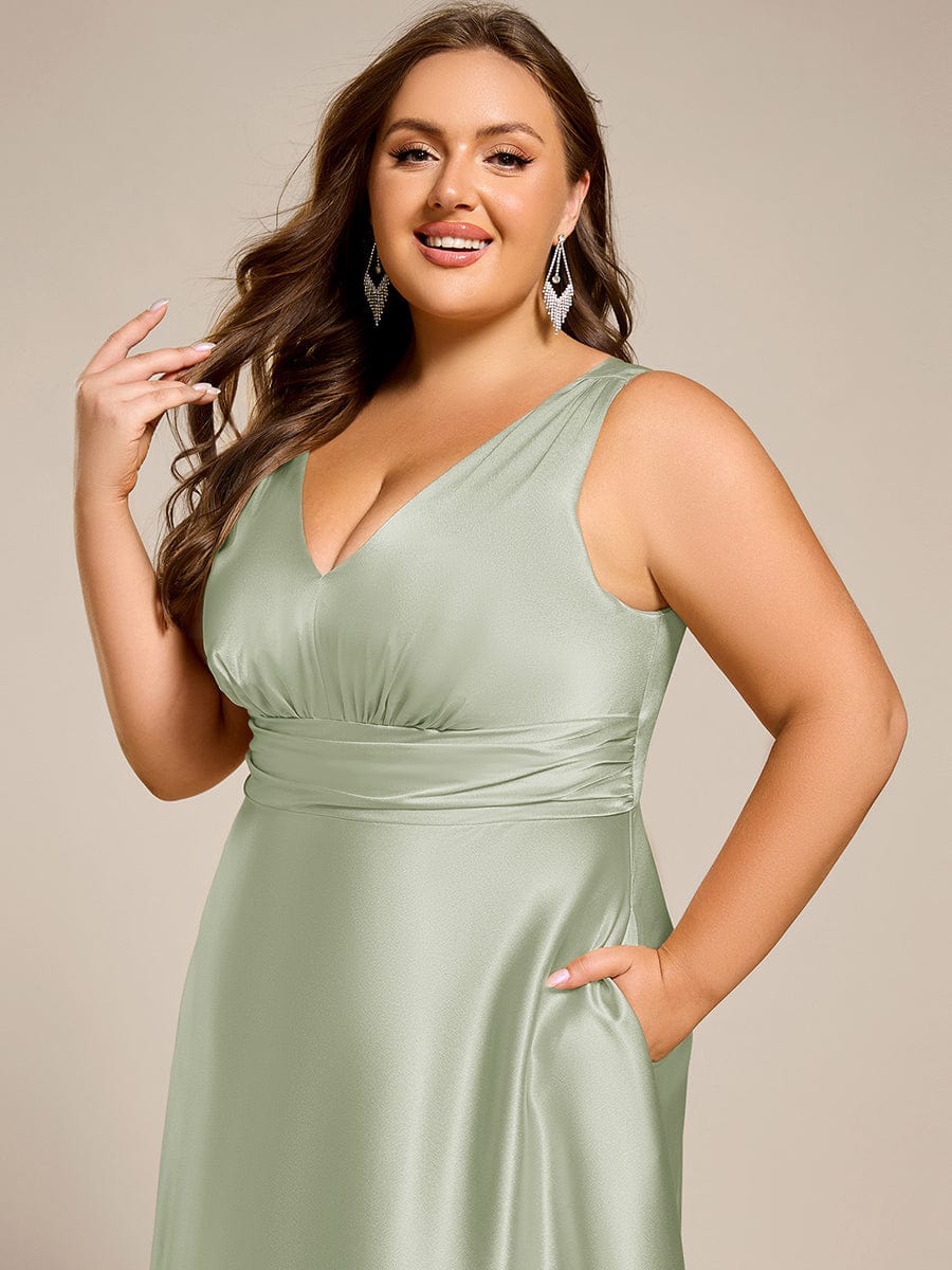 Sleeveless Empire Waist Satin Maxi Bridesmaid Dress With Pockets #color_Mint Green