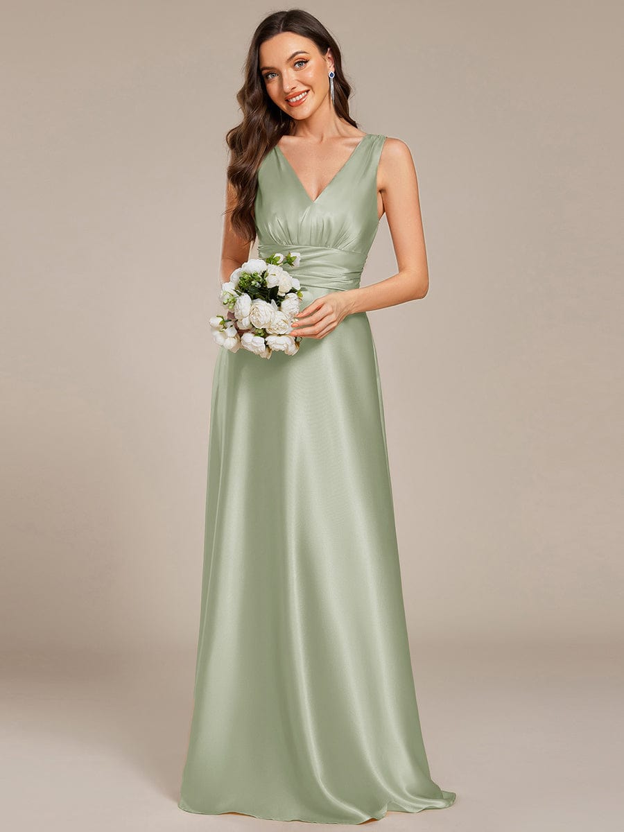 Sleeveless Empire Waist Satin Maxi Bridesmaid Dress With Pockets #color_Mint Green