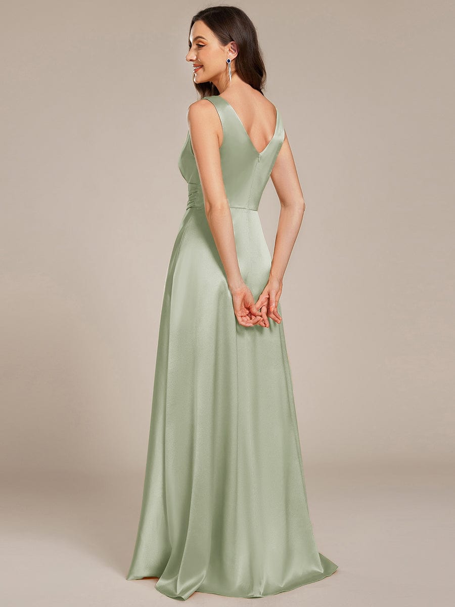 Sleeveless Empire Waist Satin Maxi Bridesmaid Dress With Pockets #color_Mint Green