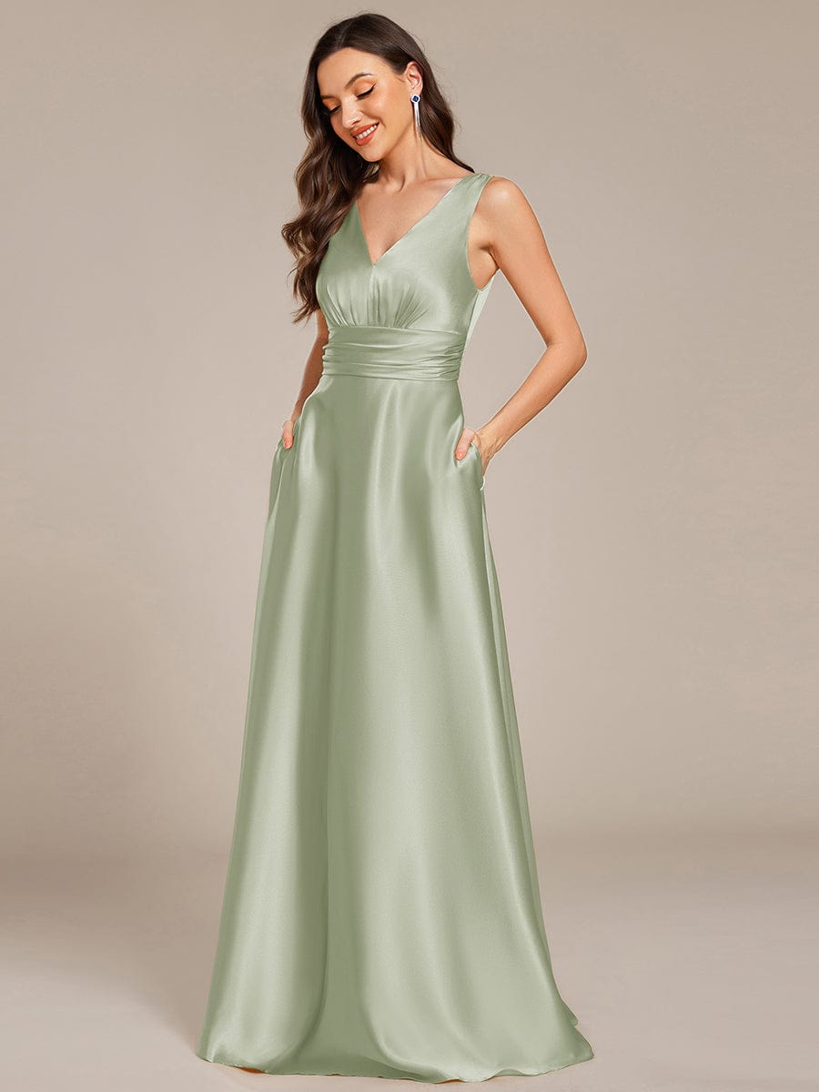 Sleeveless Empire Waist Satin Maxi Bridesmaid Dress With Pockets #color_Mint Green