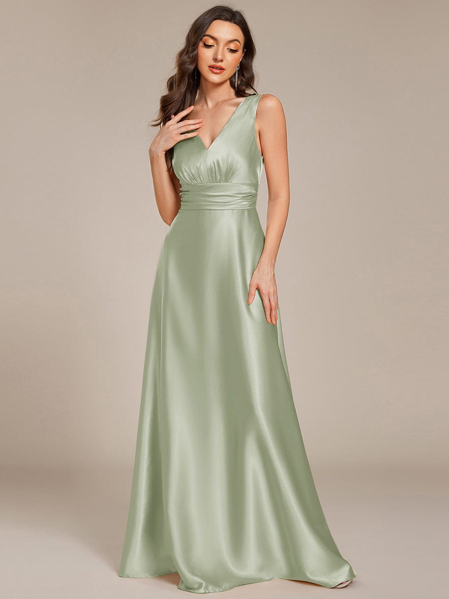 Sleeveless Empire Waist Satin Maxi Bridesmaid Dress With Pockets #color_Mint Green