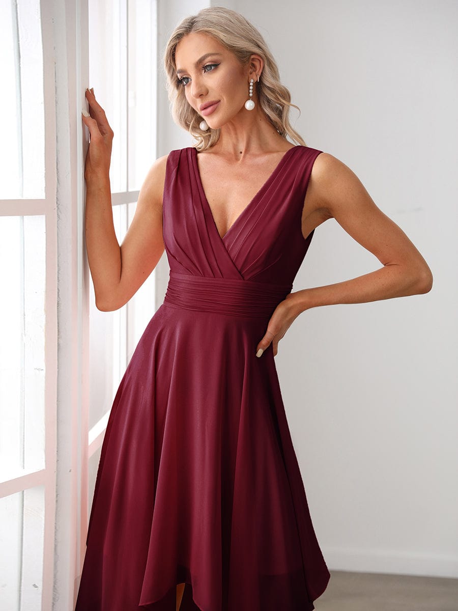 Knee Length Chiffon Bridesmaid Dress with Irregular Hem #color_Burgundy