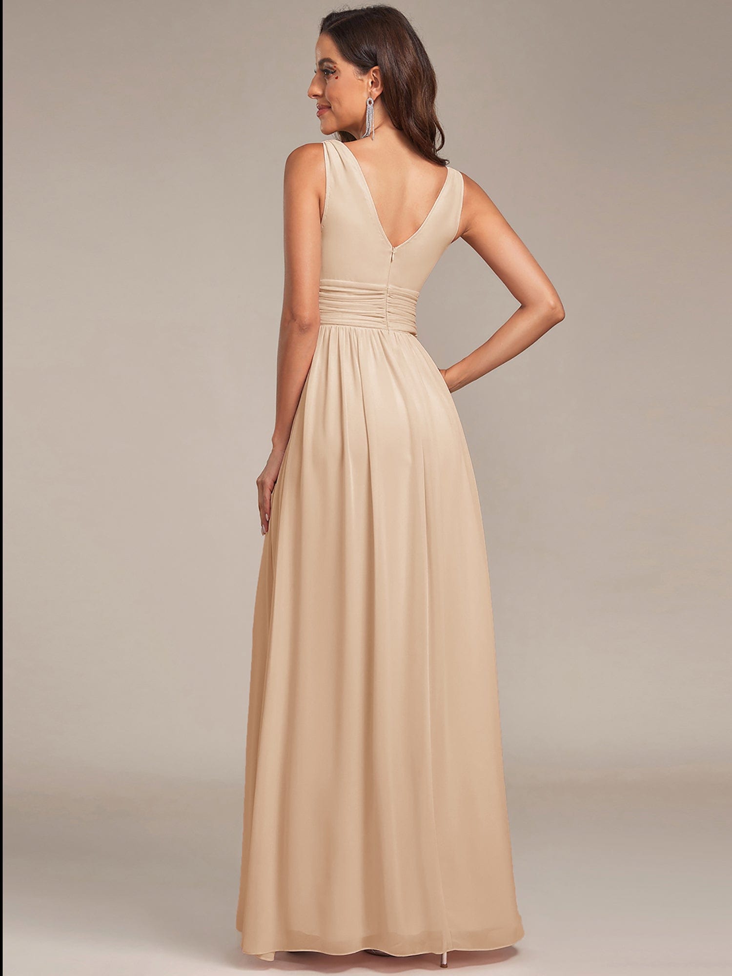 Elegant V Neck A Line Chiffon Maxi Bridesamid Dresses #color_Gold