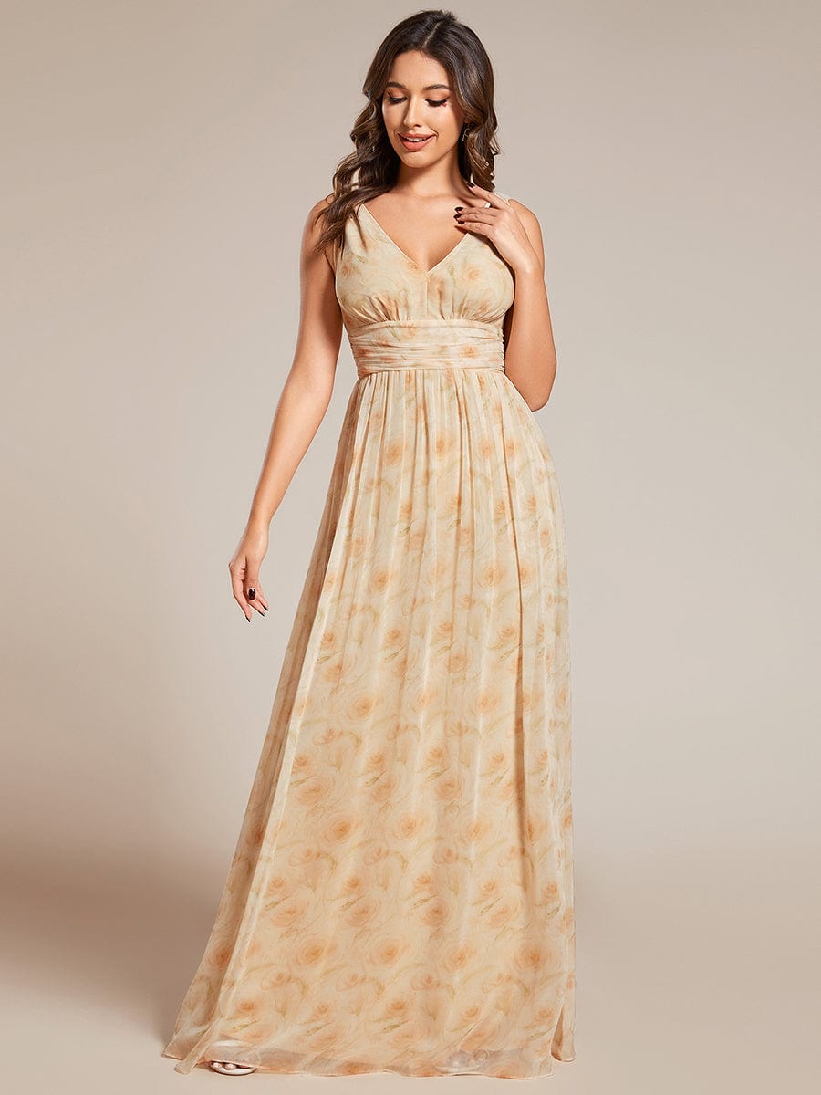 V Neck Sleeveless Pleated Chiffon Evening Dress #color_Golden Roses