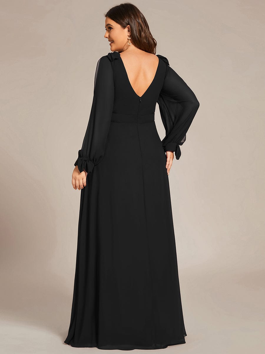 Gentle Split Low Back Thigh Slit Long Sleeve Wedding Guest Dress #color_Black