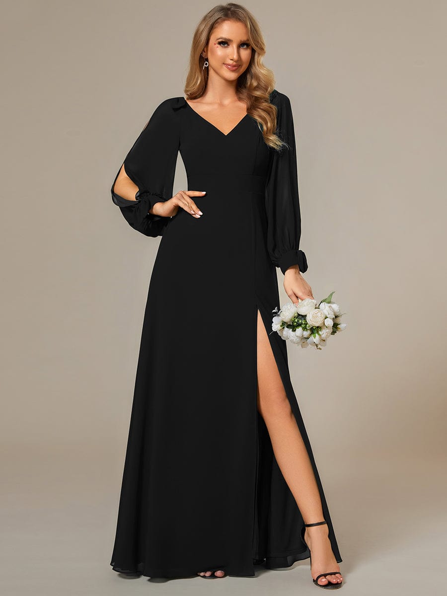 Gentle Split Low Back Thigh Slit Long Sleeve Wedding Guest Dress #color_Black