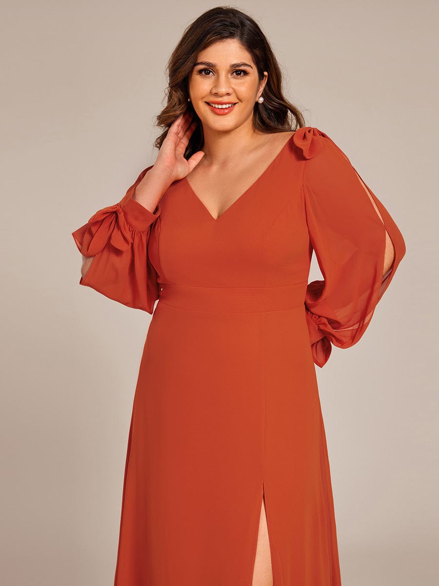 Gentle Split Sleeve Low Back Thigh Slit Bridesmaid Dress #color_Burnt Orange