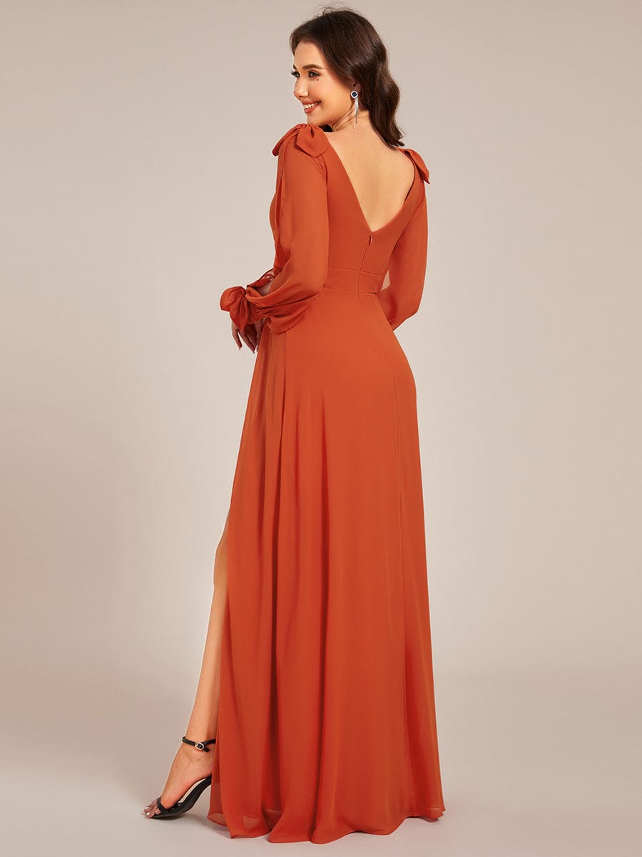 Gentle Split Sleeve Low Back Thigh Slit Bridesmaid Dress #color_Burnt Orange