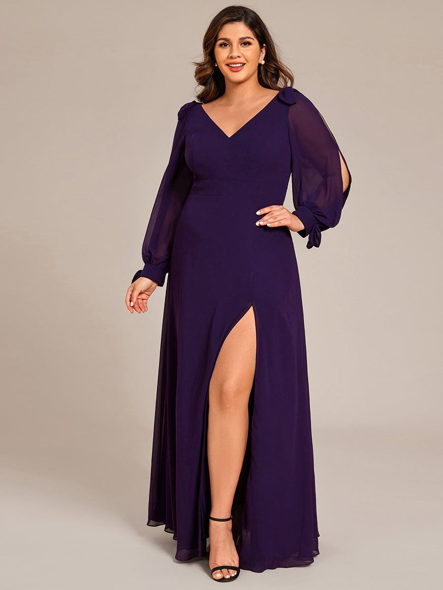 Gentle Split Sleeve Low Back Thigh Slit Bridesmaid Dress #color_Dark Purple