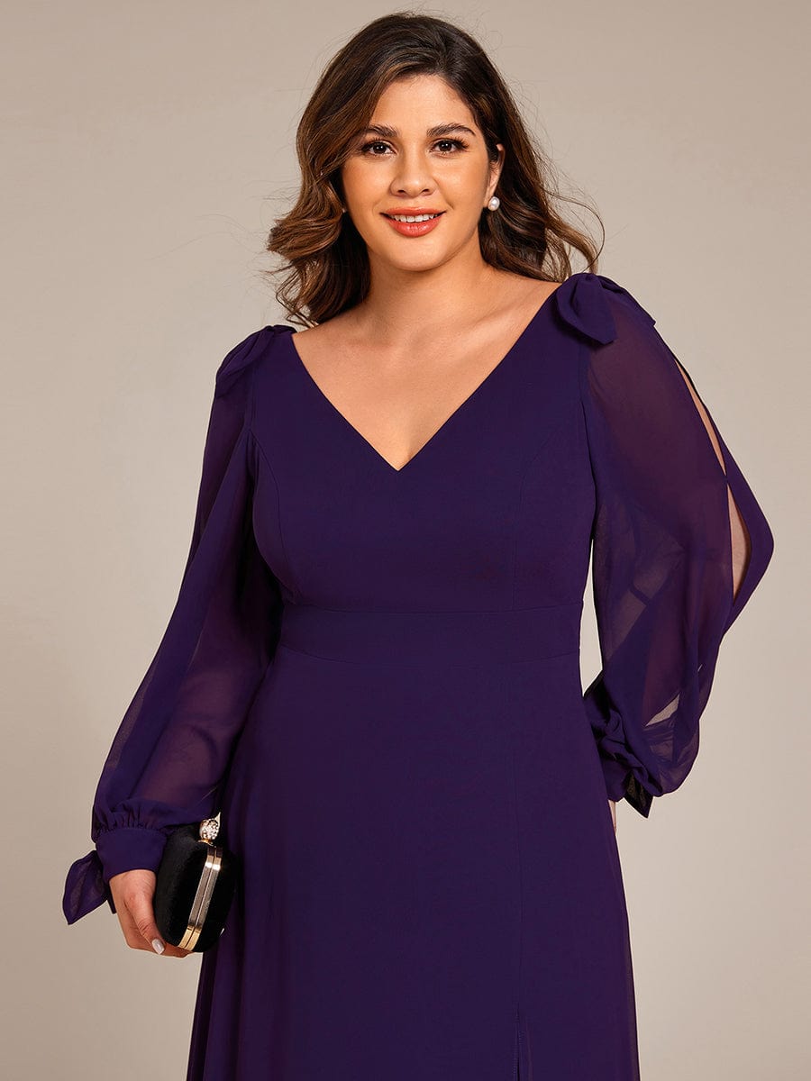 Gentle Split Sleeve Low Back Thigh Slit Bridesmaid Dress #color_Dark Purple