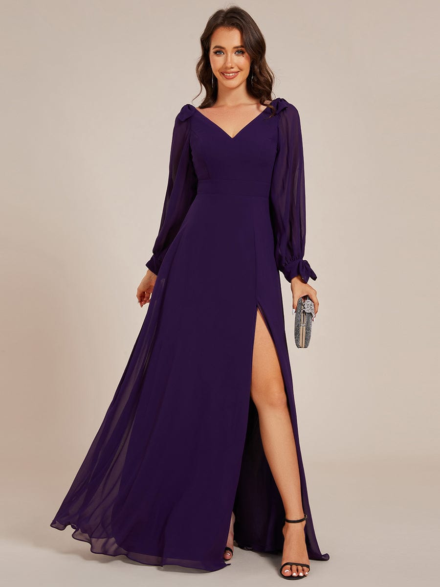 Gentle Split Sleeve Low Back Thigh Slit Bridesmaid Dress #color_Dark Purple