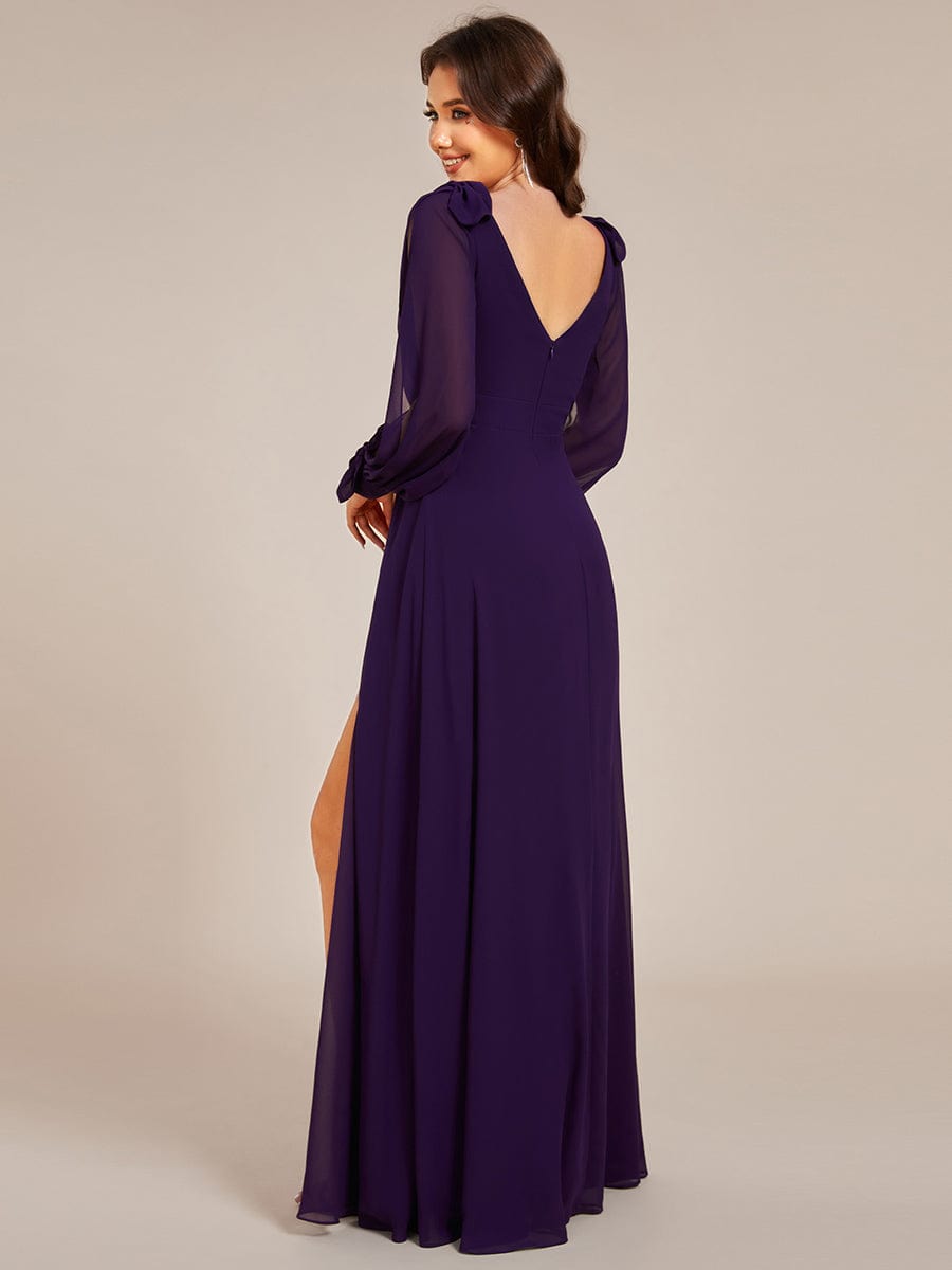 Gentle Split Sleeve Low Back Thigh Slit Bridesmaid Dress #color_Dark Purple