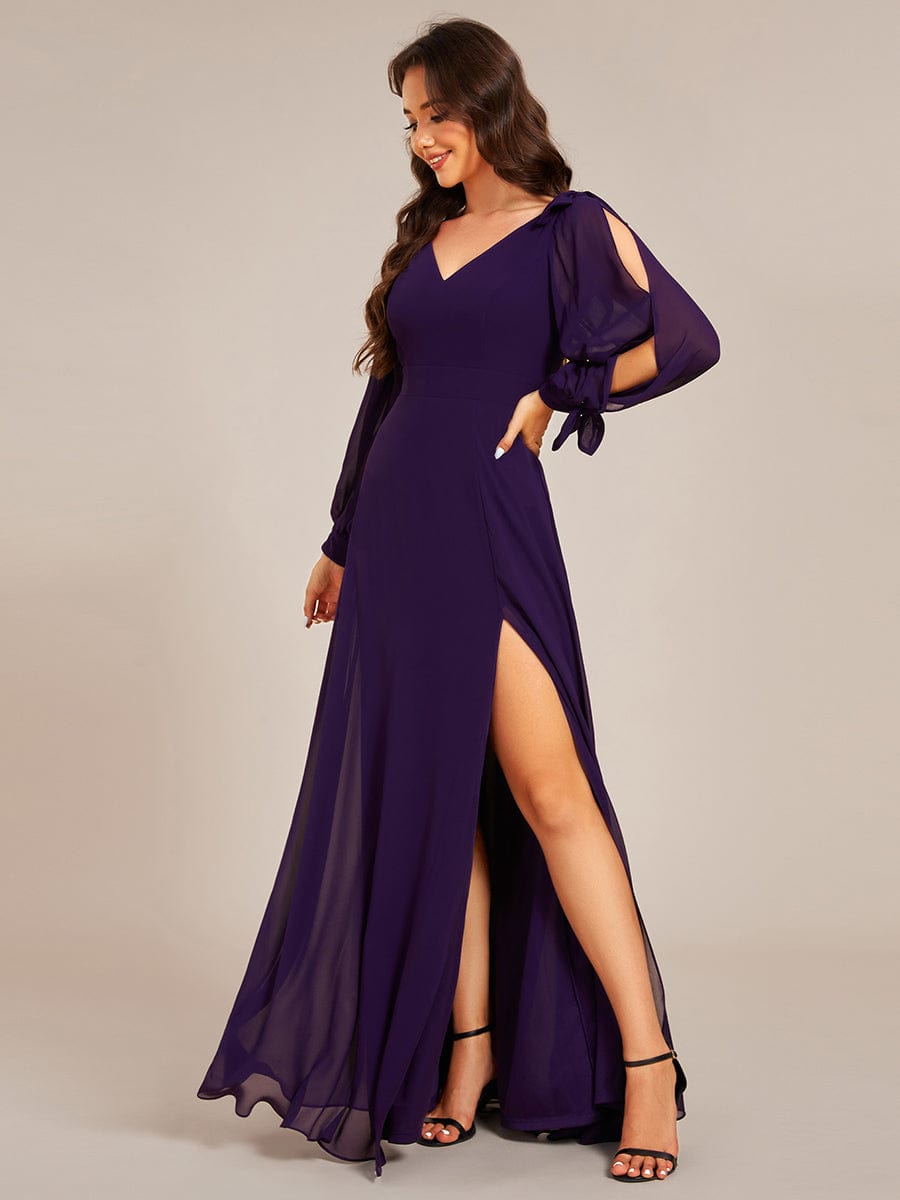 Gentle Split Sleeve Low Back Thigh Slit Bridesmaid Dress #color_Dark Purple