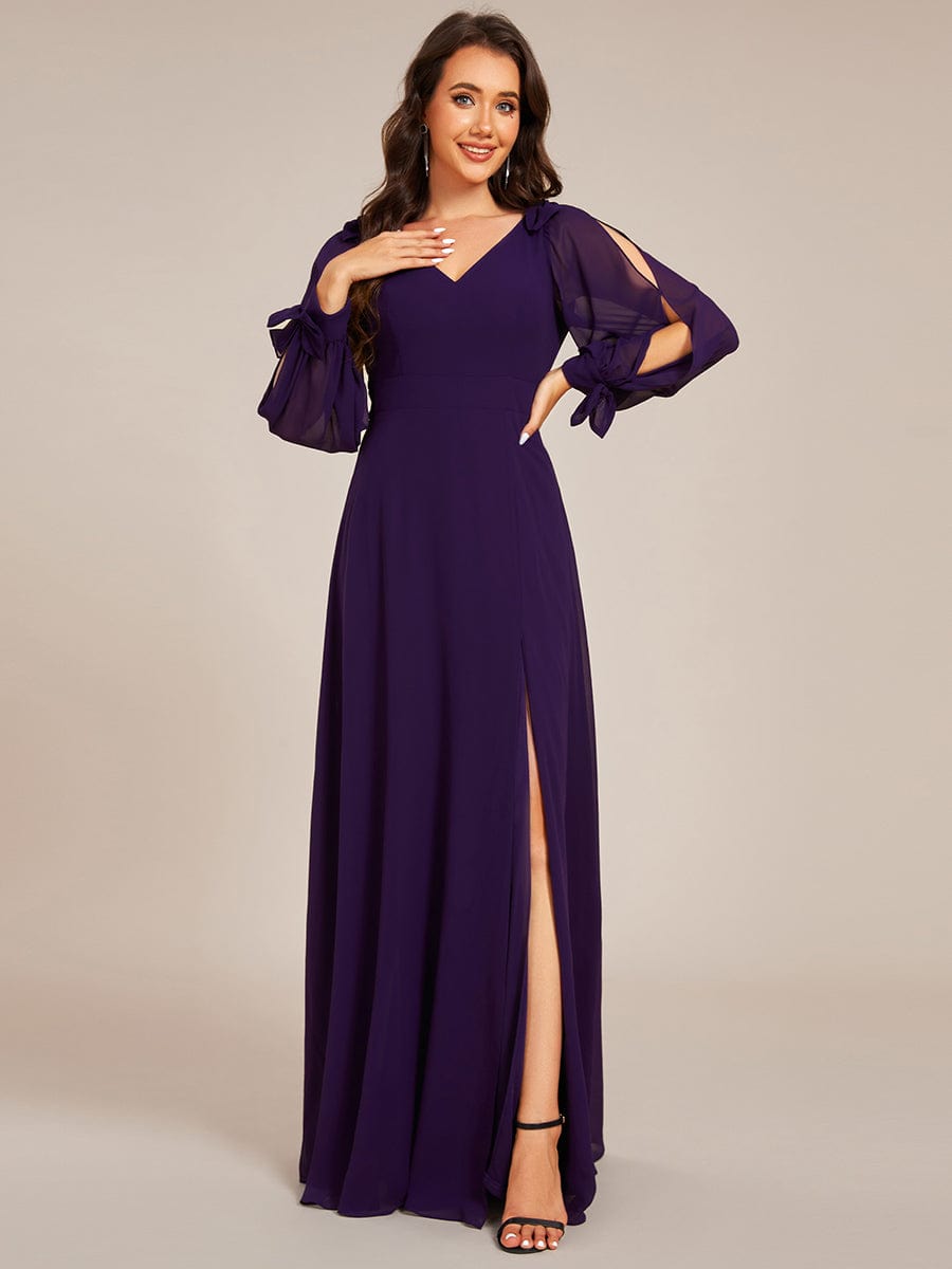 Gentle Split Sleeve Low Back Thigh Slit Bridesmaid Dress #color_Dark Purple