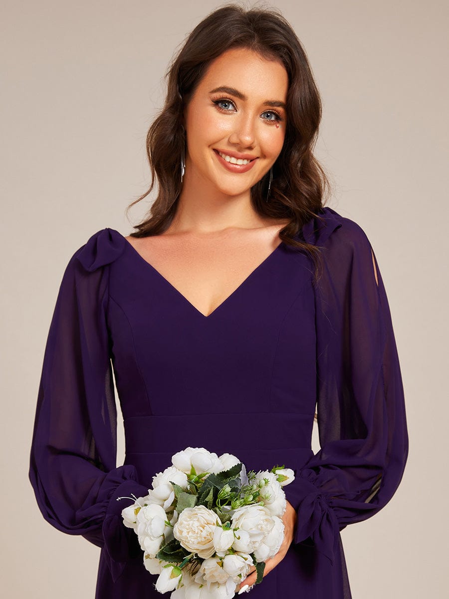 Gentle Split Sleeve Low Back Thigh Slit Bridesmaid Dress #color_Dark Purple