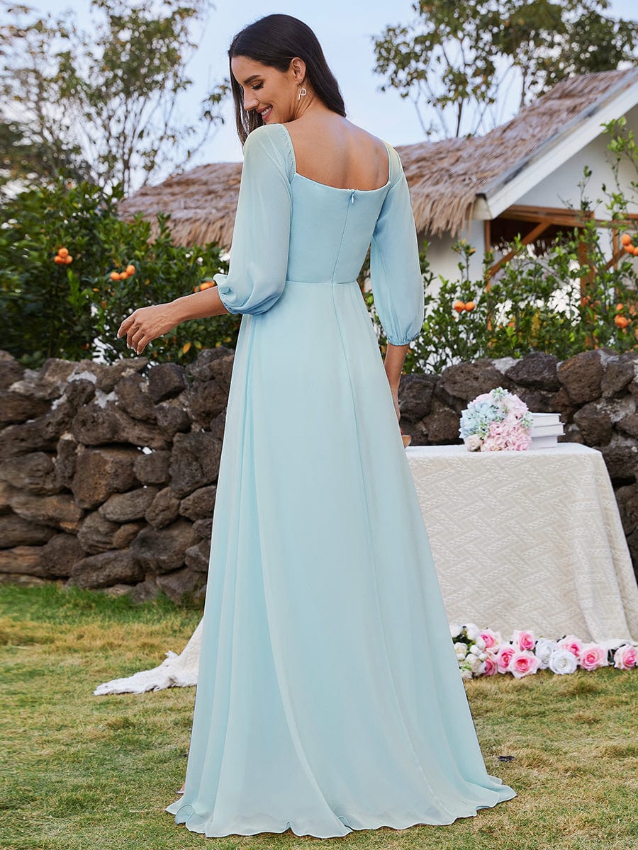 Long-Sleeved Chiffon Off Shoulder Bridesmaid Dresses with High Slit #color_Sky Blue