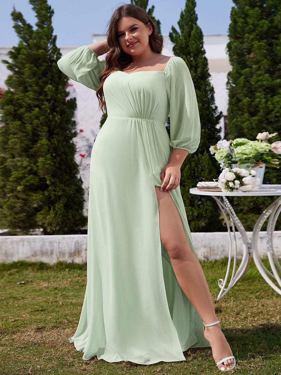 Long-Sleeved Chiffon Off Shoulder Bridesmaid Dresses with High Slit #color_Mint Green