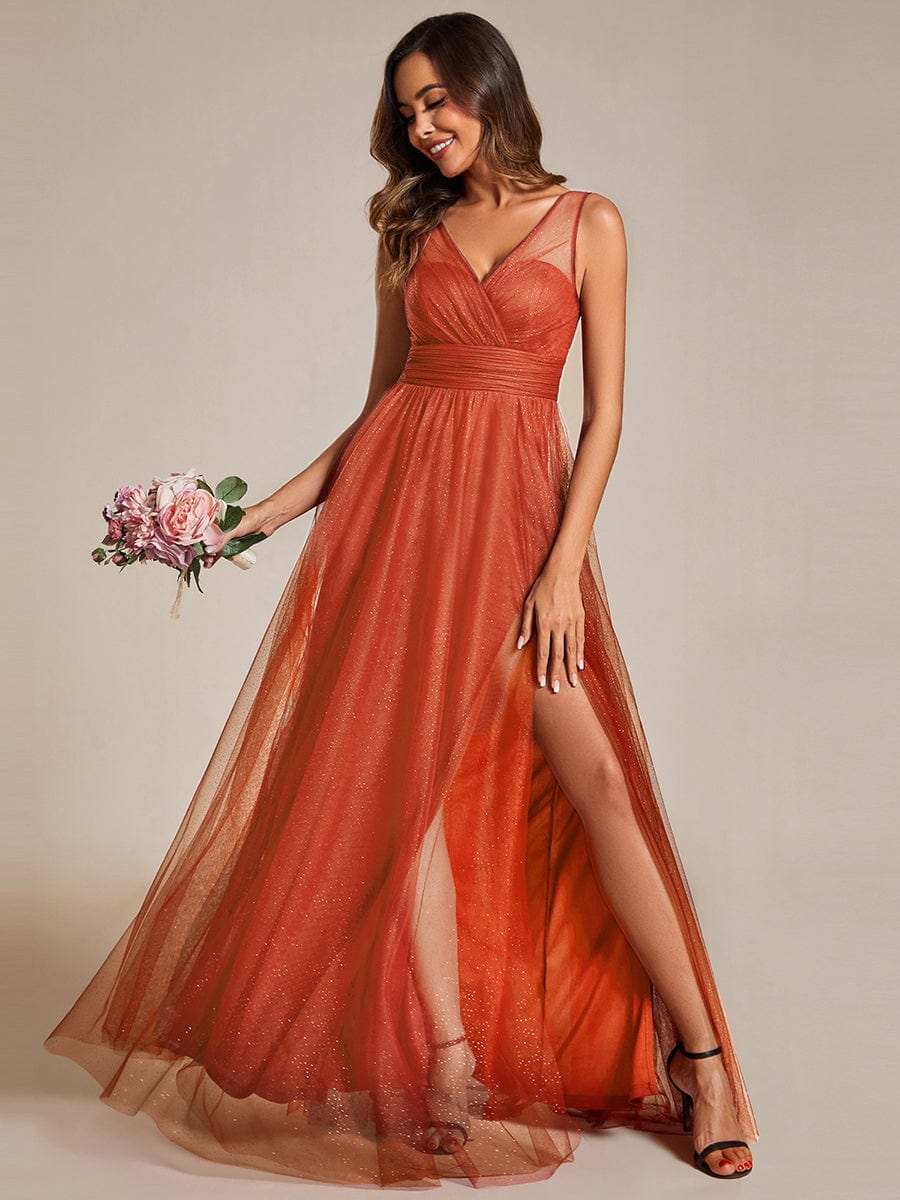 High Waist and Slit Glittering Bridesmaid Dress with V-Neck #color_Burnt Orange