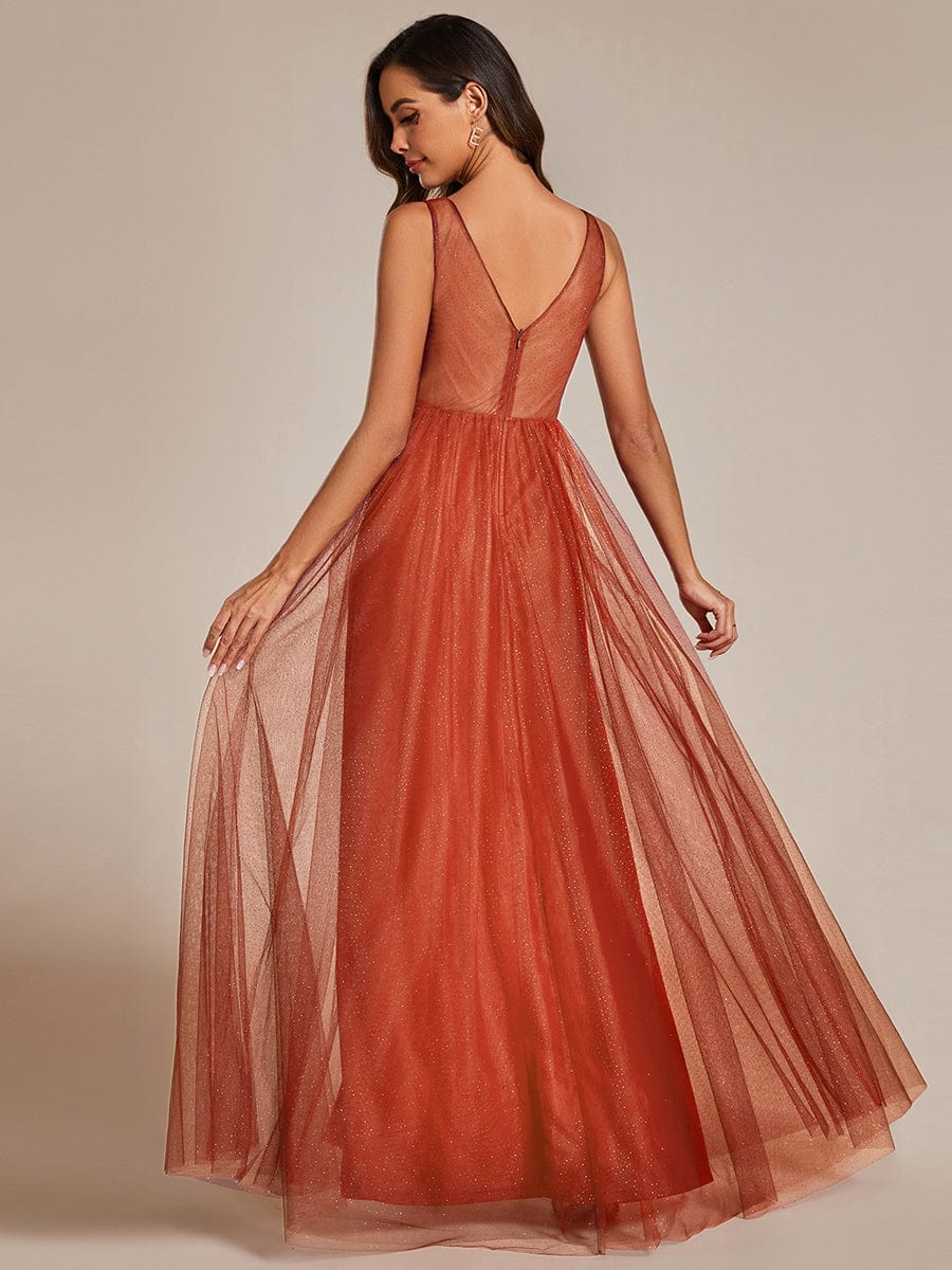 High Waist and Slit Glittering Bridesmaid Dress with V-Neck #color_Burnt Orange