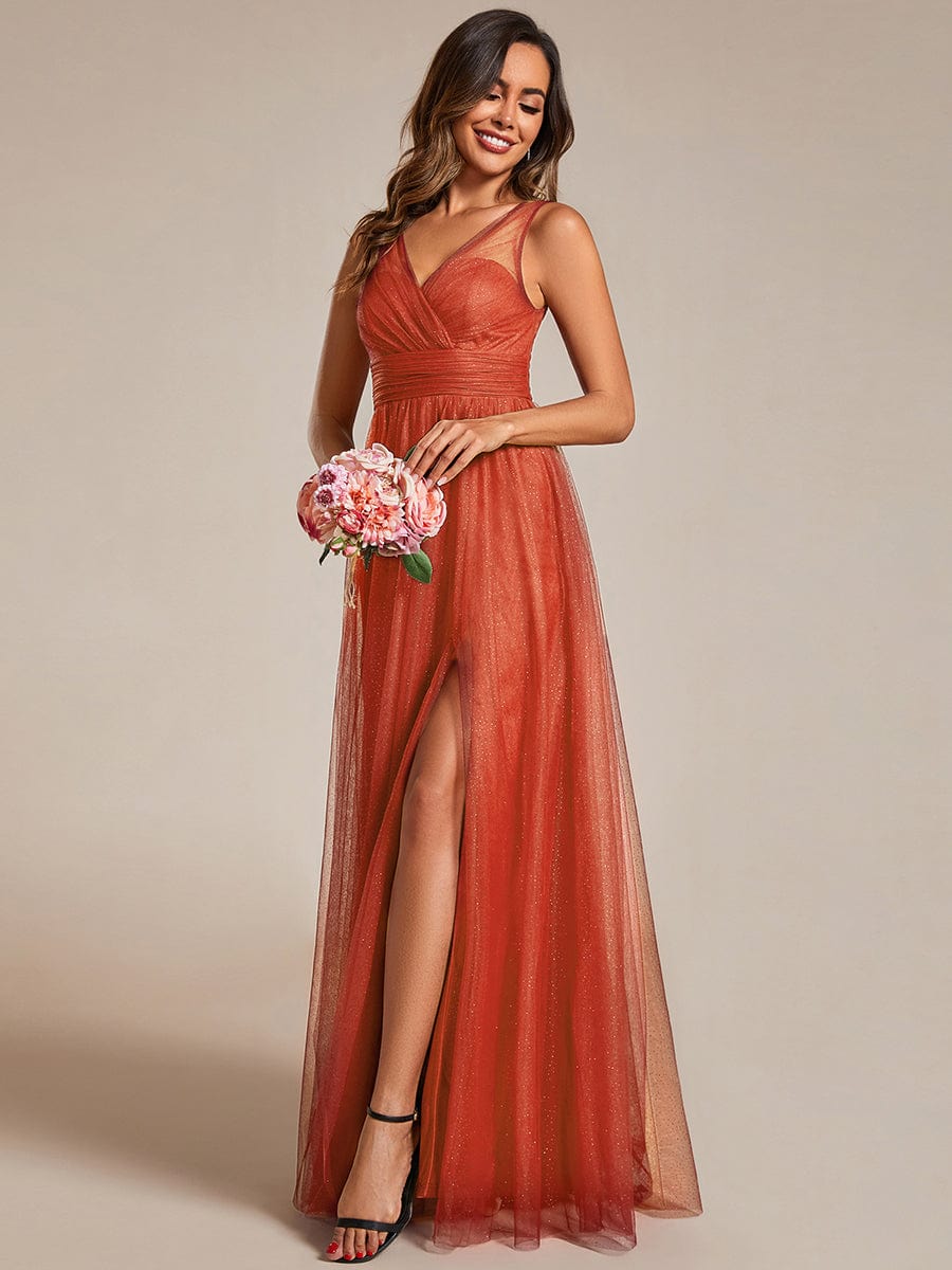 High Waist and Slit Glittering Bridesmaid Dress with V-Neck #color_Burnt Orange