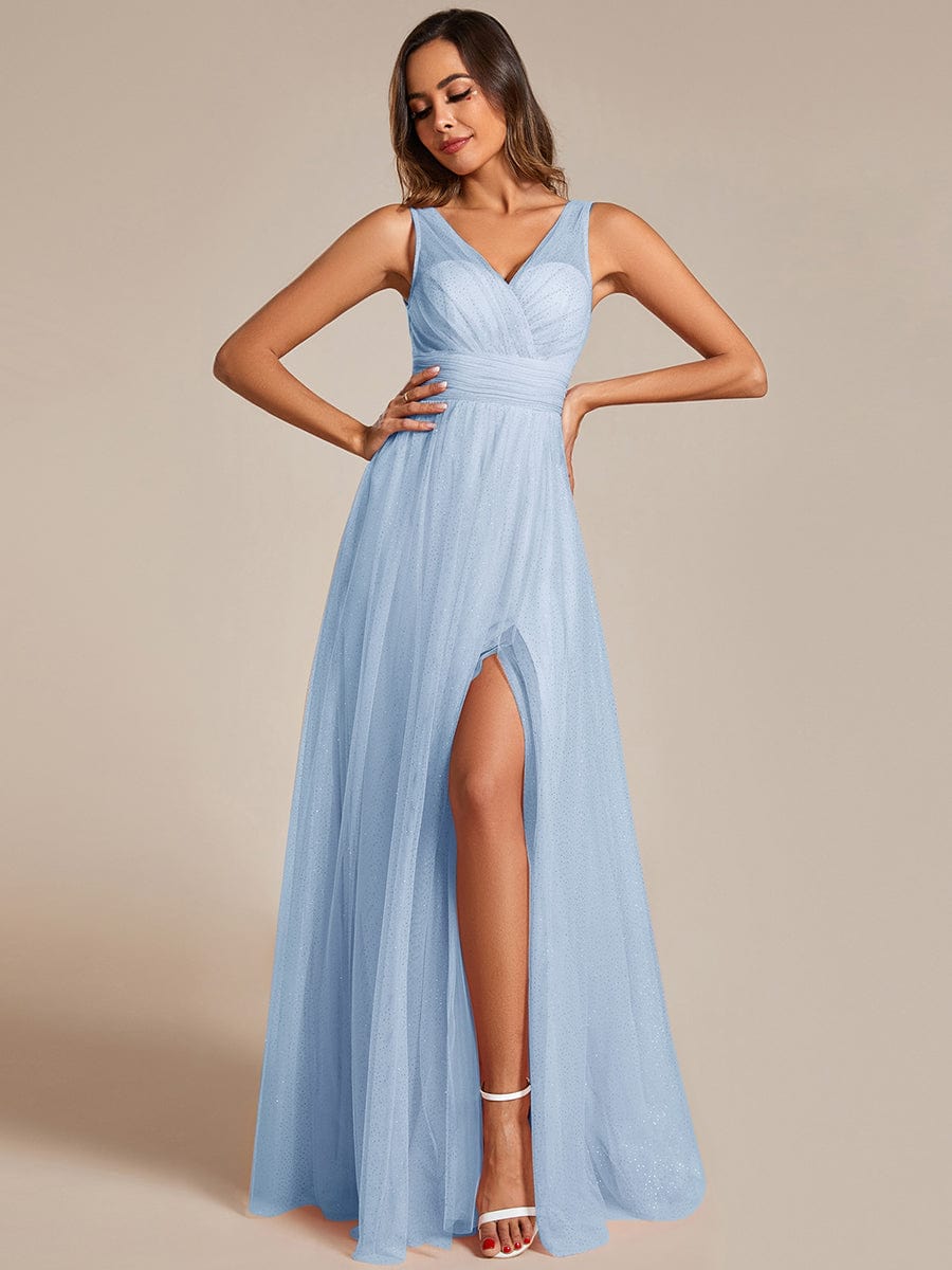 High Waist and Slit Glittering Bridesmaid Dress with V-Neck #color_Light Blue