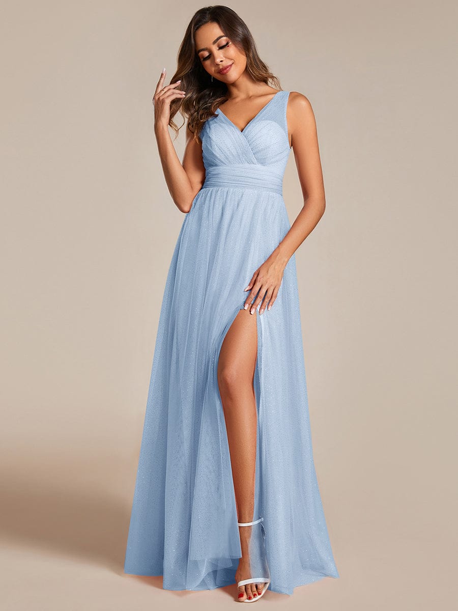 High Waist and Slit Glittering Bridesmaid Dress with V-Neck #color_Light Blue