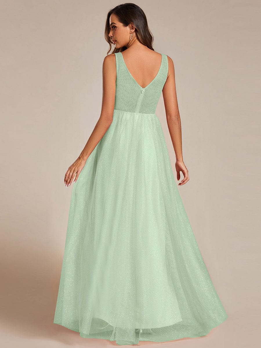 High Waist and Slit Glittering Bridesmaid Dress with V-Neck #color_Mint Green