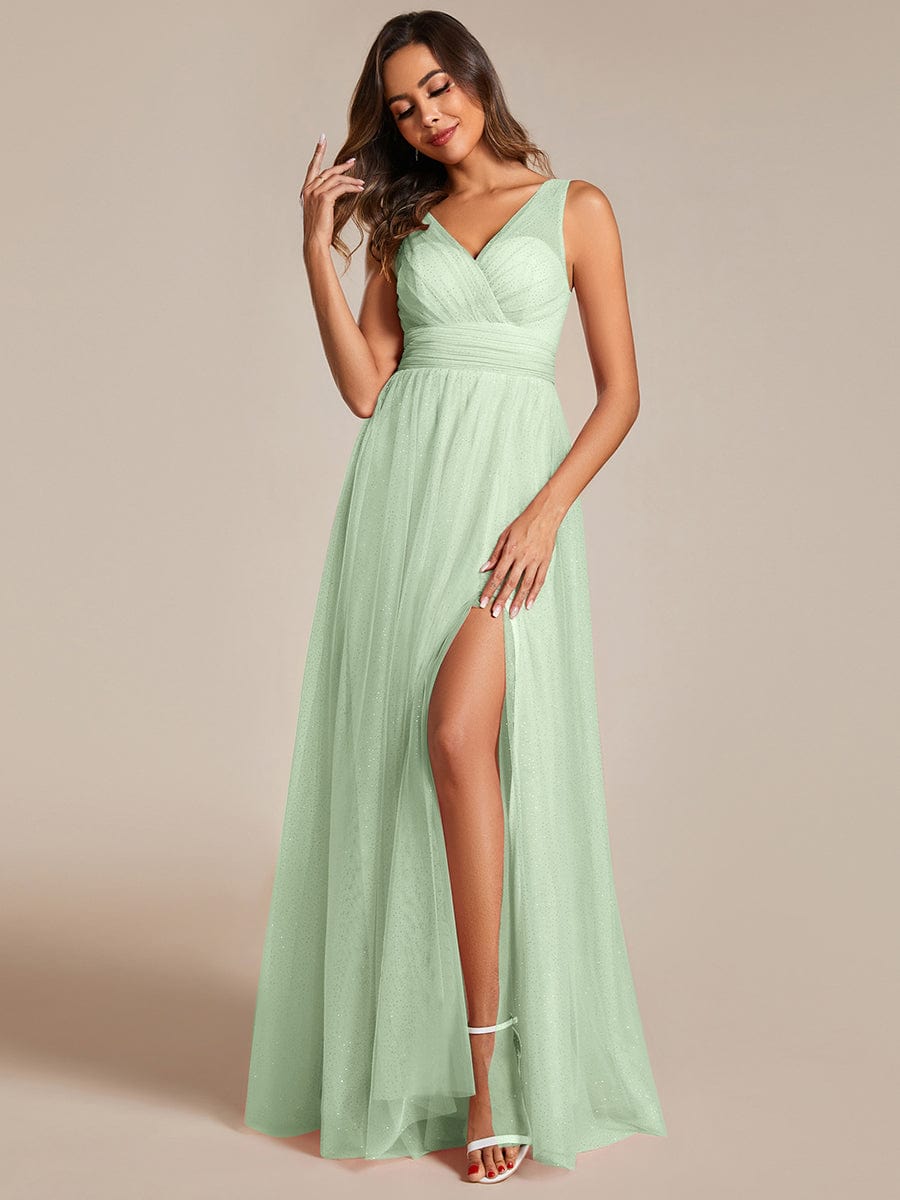 High Waist and Slit Glittering Bridesmaid Dress with V-Neck #color_Mint Green