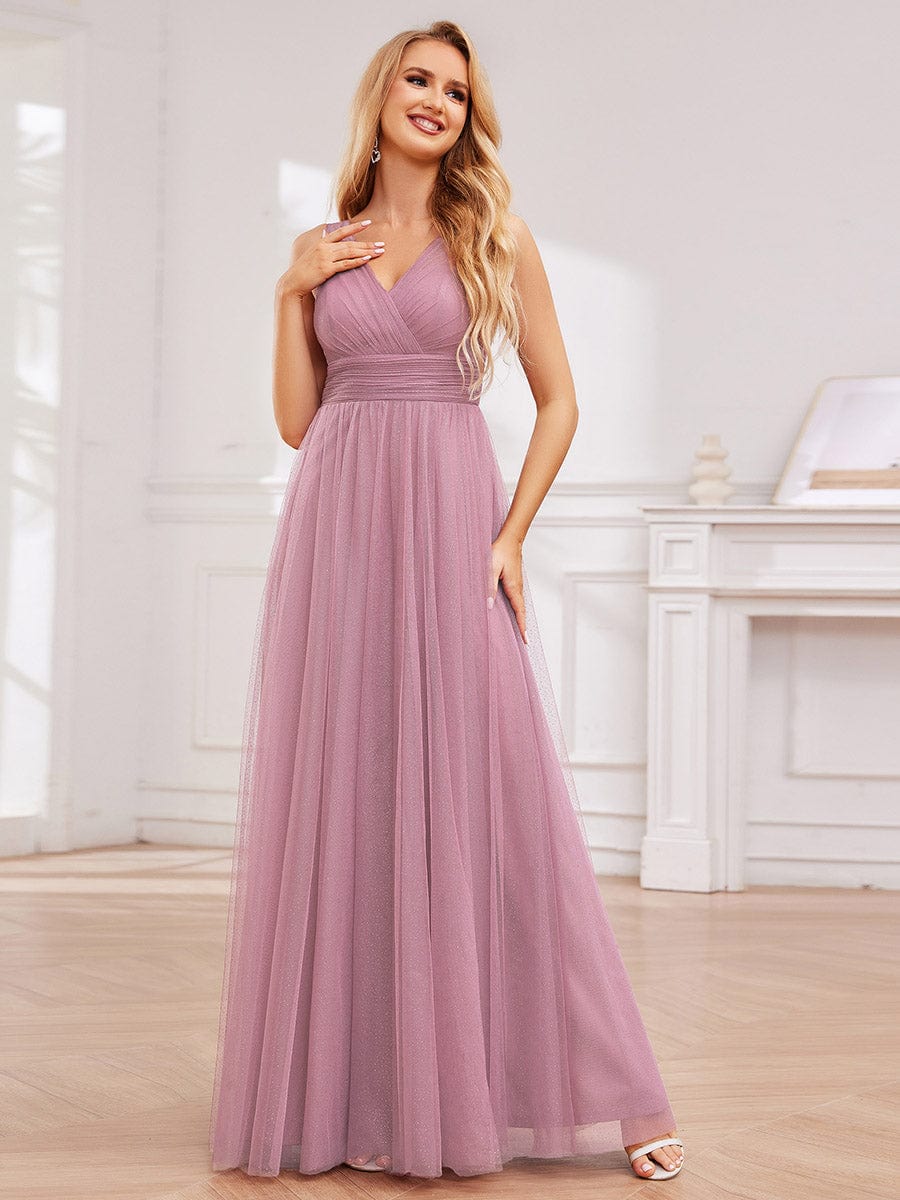 High Waist and Slit Glittering Bridesmaid Dress with V-Neck #color_Purple Orchid