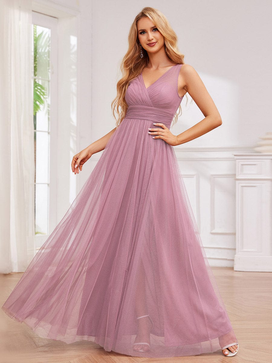High Waist and Slit Glittering Bridesmaid Dress with V-Neck #color_Purple Orchid