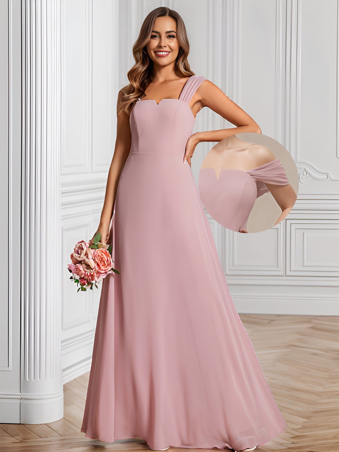 Chiffon High-Waisted Square Neck Sleeveless Bridesmaid Dress #color_Dusty Rose