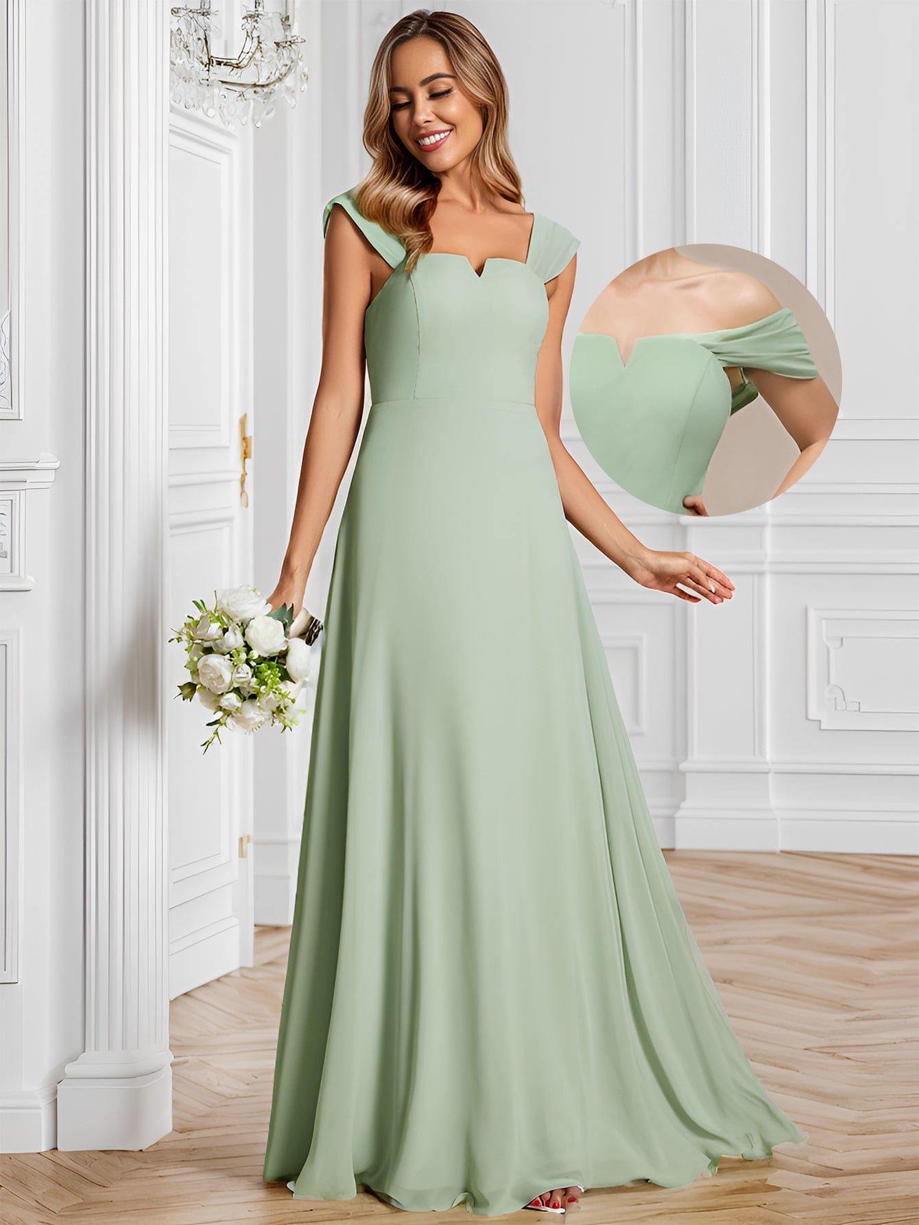 Chiffon High-Waisted Square Neck Sleeveless Bridesmaid Dress #color_Mint Green