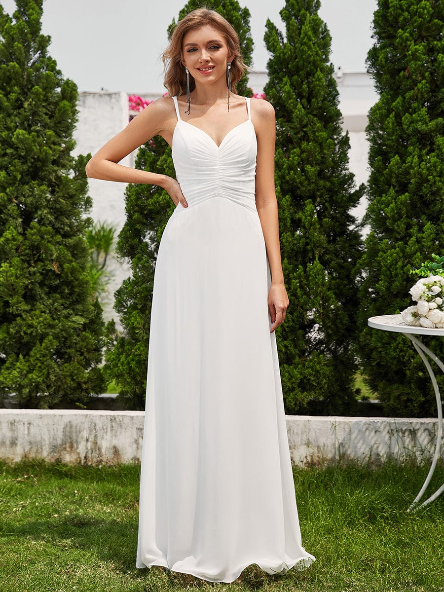 Chic Adjustable Straps Pleated Bridesmaid Dress with V-Neck #color_White