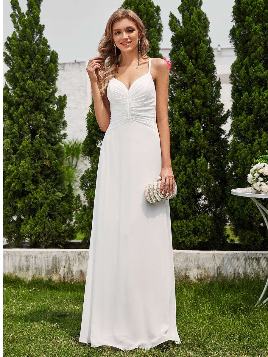 Chic Adjustable Straps Pleated Bridesmaid Dress with V-Neck #color_White